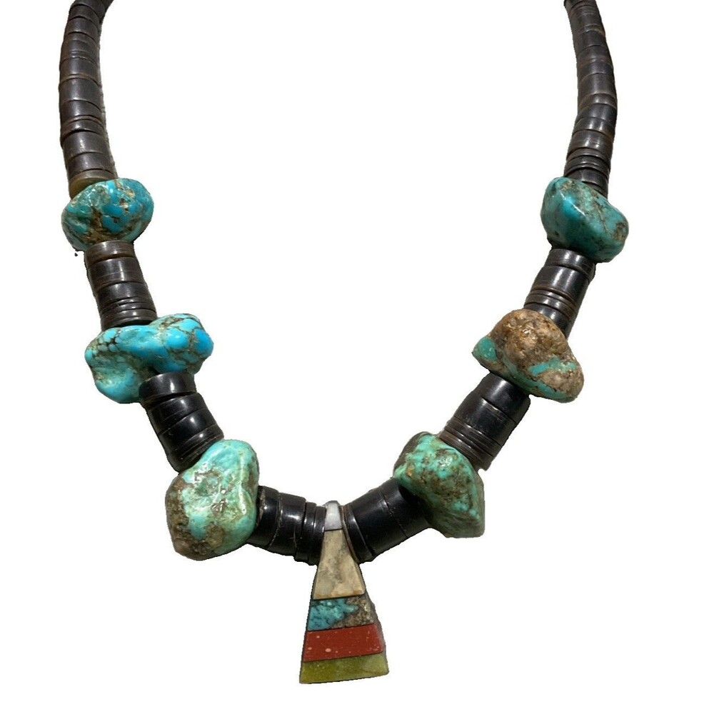 Vintage Native American Style Necklace Turquoise Nuggets Mosaic Stone Pendant